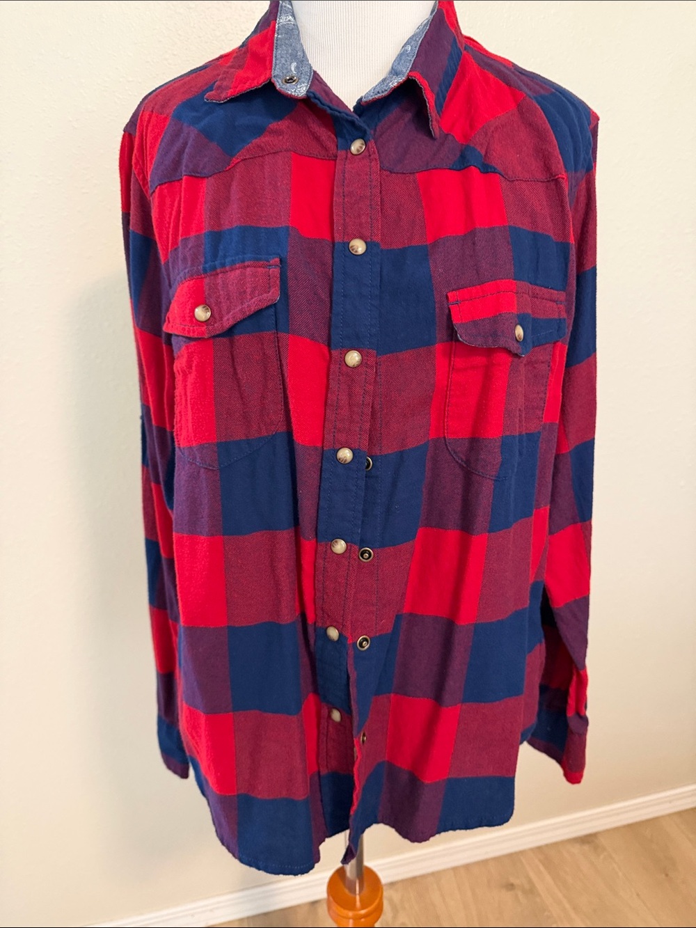 Red and Navy Plaid Button-Down Shirt